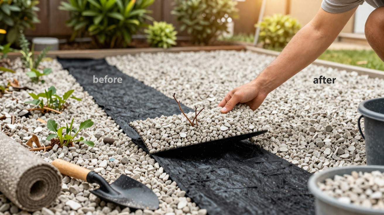 Pessoa a colocar tapete de drenagem e pedras decorativas num jardim com plantas à volta.