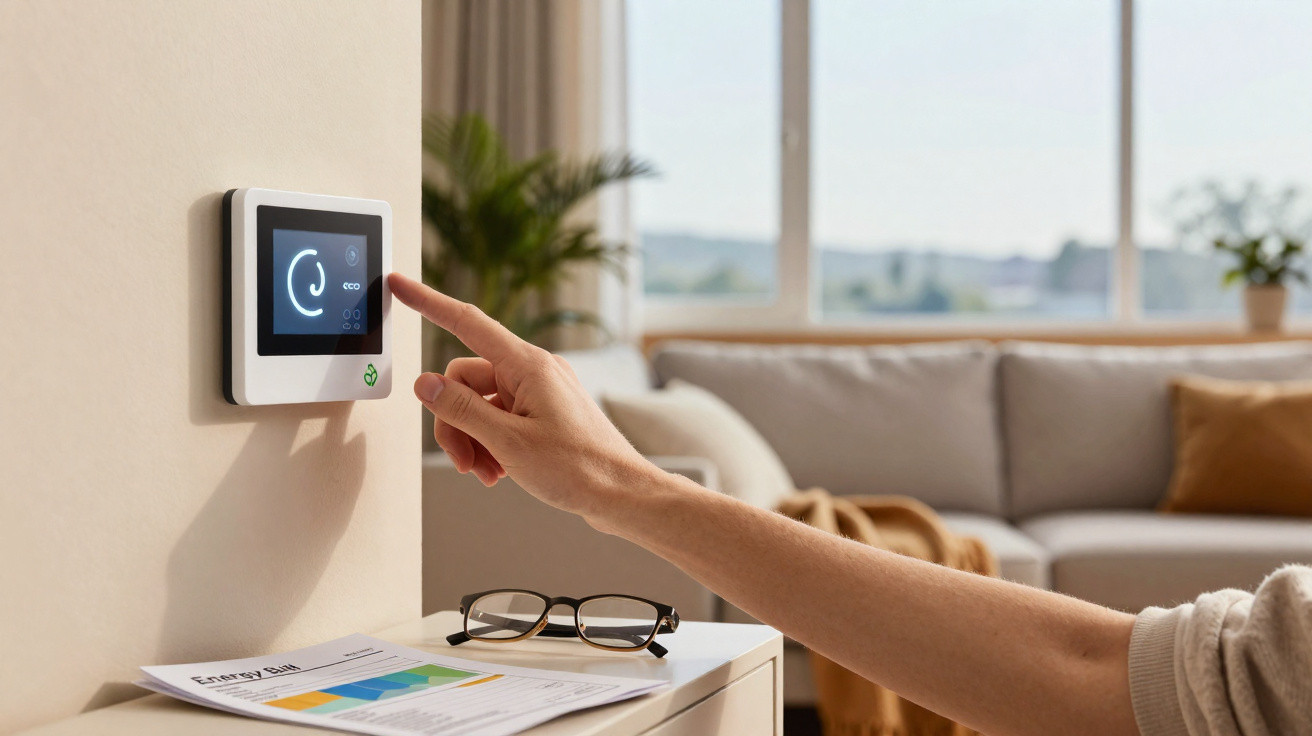 Pessoa a ajustar termostato digital numa sala moderna com sofá, mesa e plantas.