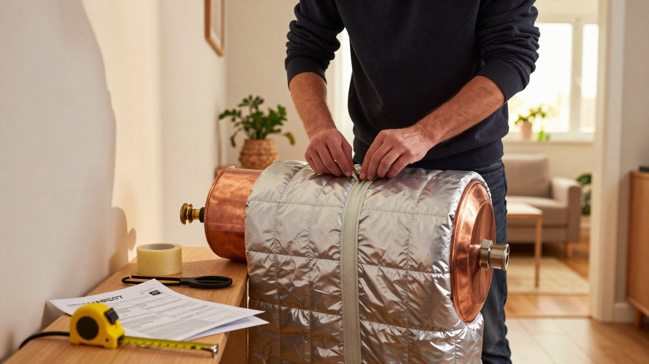 Pessoa a isolar um tubo de cobre com material isolante prateado numa casa.