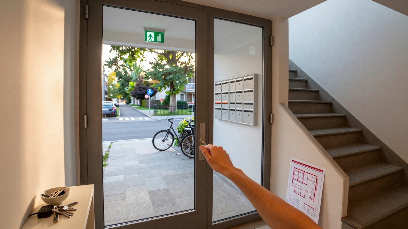 Pessoa a abrir porta de vidro de entrada de prédio com escadas e caixas de correio visíveis.