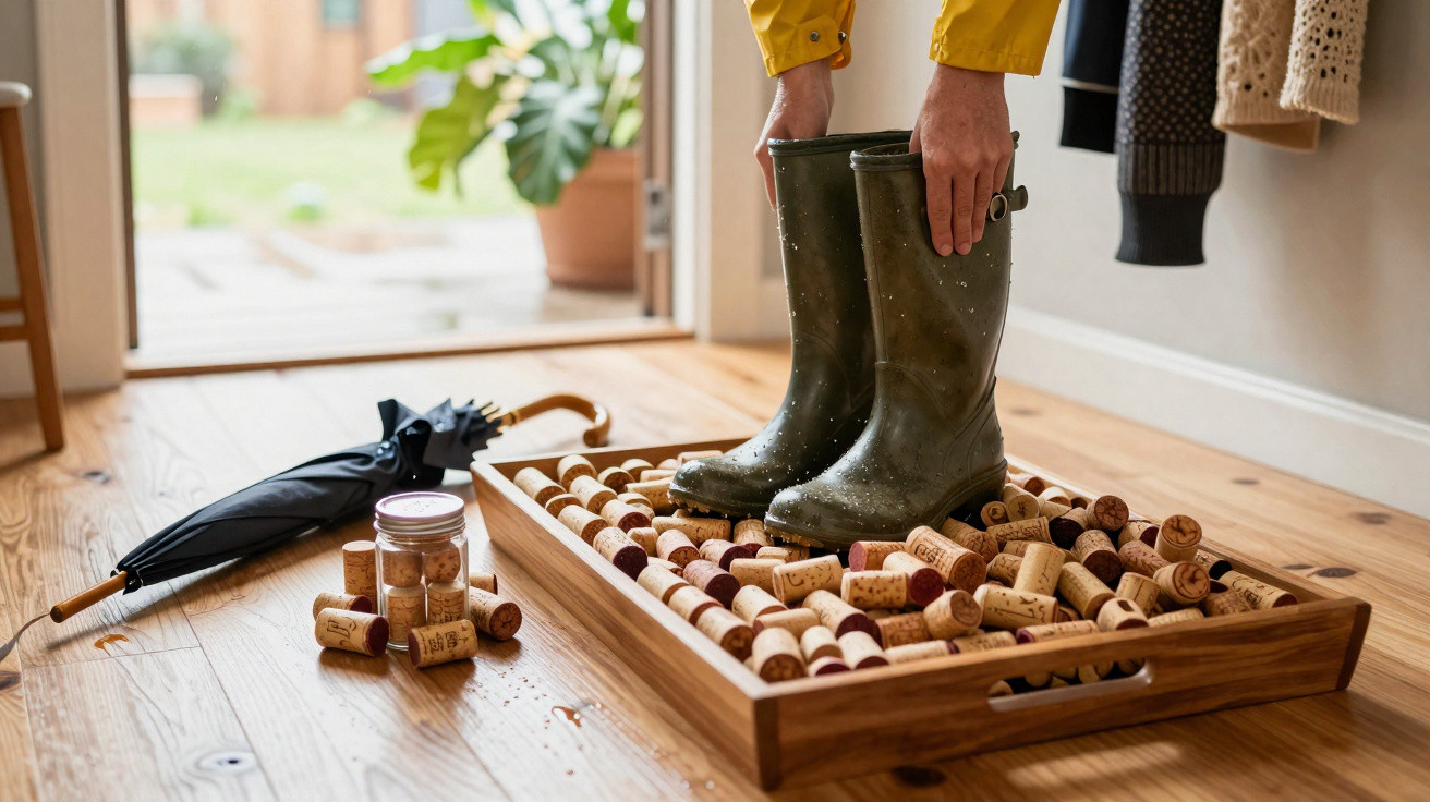 Pessoa com botas de borracha molhadas a limpar numa bandeja cheia de rolhas, junto a um guarda-chuva fechado.