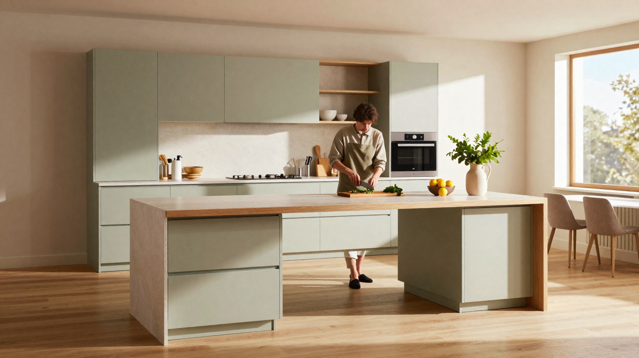 Cozinha moderna com ilha central, luz natural e pessoa a cortar legumes num ambiente minimalista.