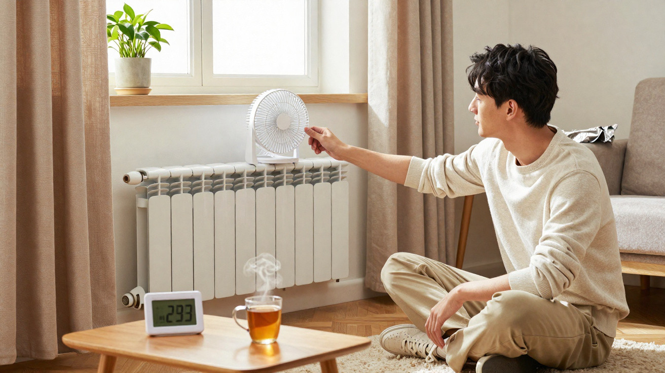 Homem sentado no chão a ligar um pequeno ventilador numa sala com radiador e chá quente na mesa.