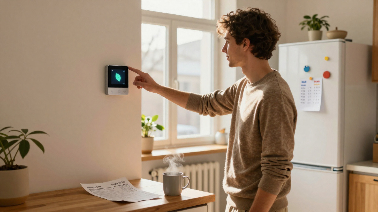 Homem ajusta termóstato digital na cozinha com luz natural, chá quente e papel com notas numa bancada.