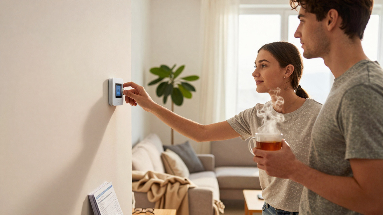Casal a ajustar a temperatura num termostato digital numa sala acolhedora com chá e café.
