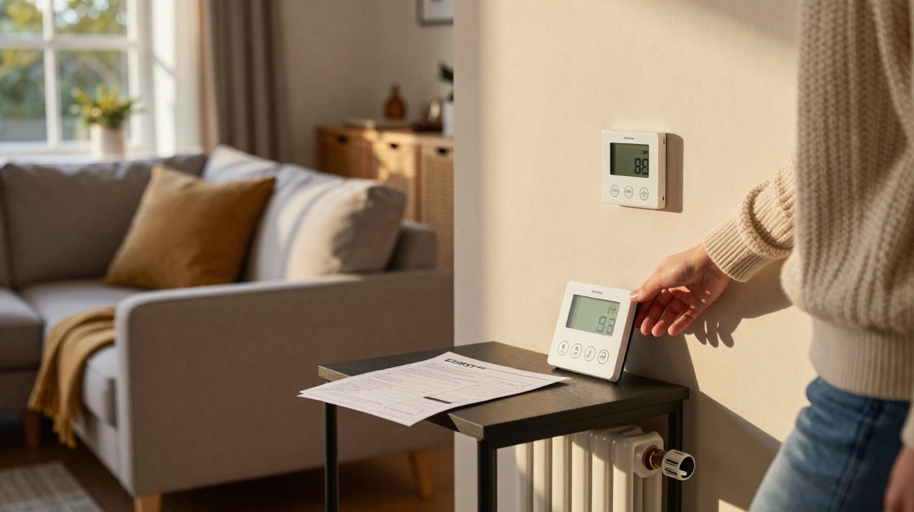 Pessoa ajusta termóstato digital na parede de uma sala com sofá e luz natural.