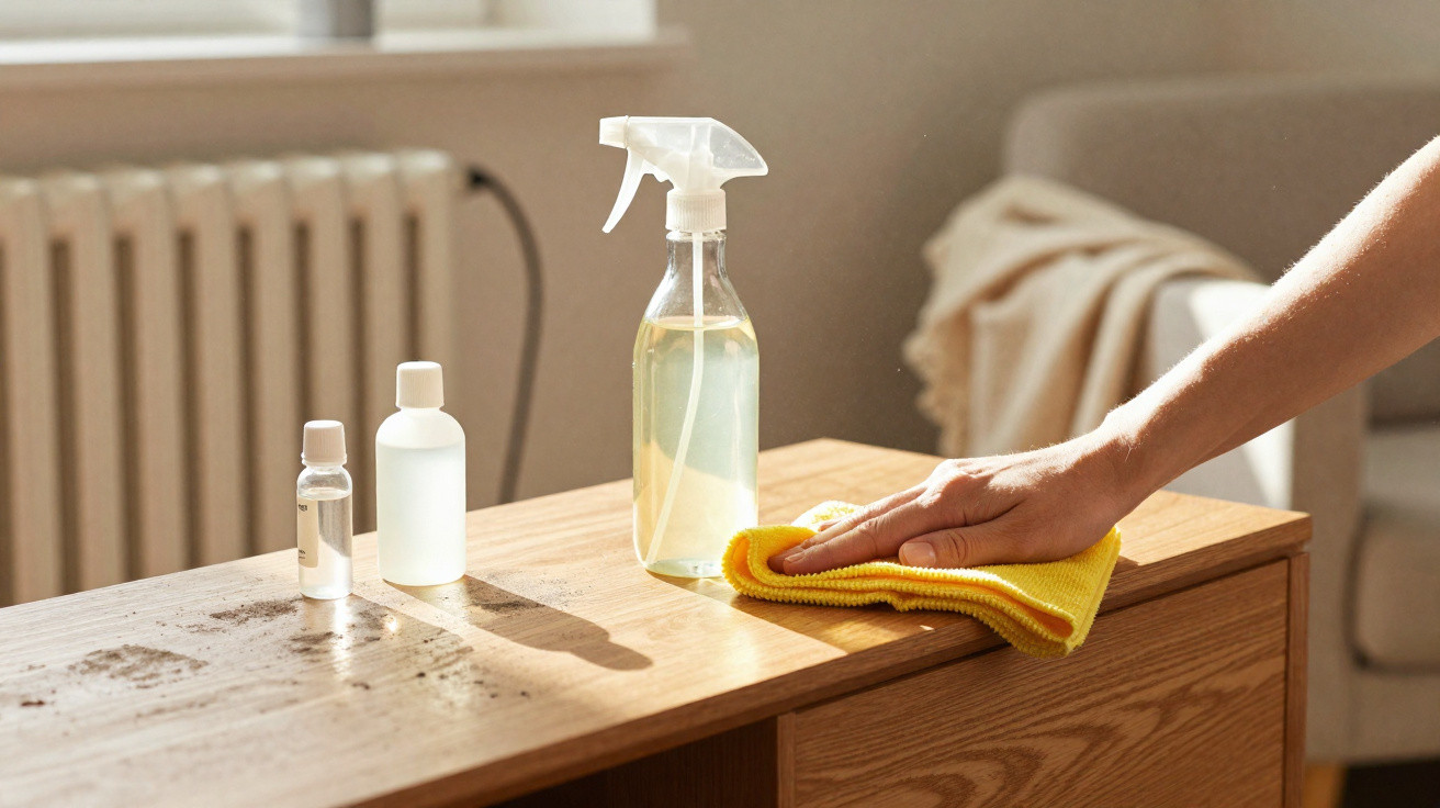 Mão a limpar móvel de madeira com pano amarelo e produtos de limpeza numa sala iluminada.