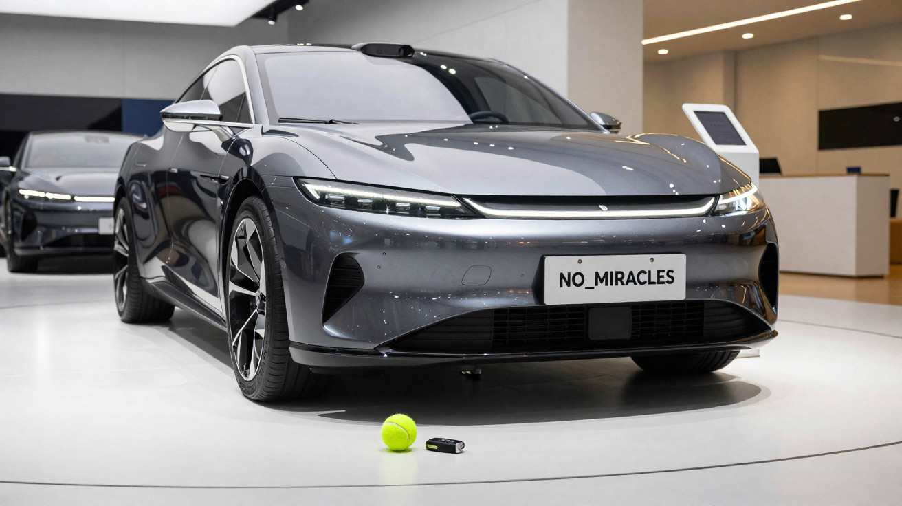 Carro desportivo elétrico cinzento escuro em exposição, com matrícula "NO_MIRACLES" e bola de ténis no chão.