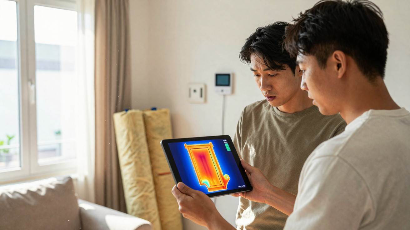 Dois homens analisam imagem térmica exibida em tablet num ambiente doméstico, com prancha de isolamento ao fundo.