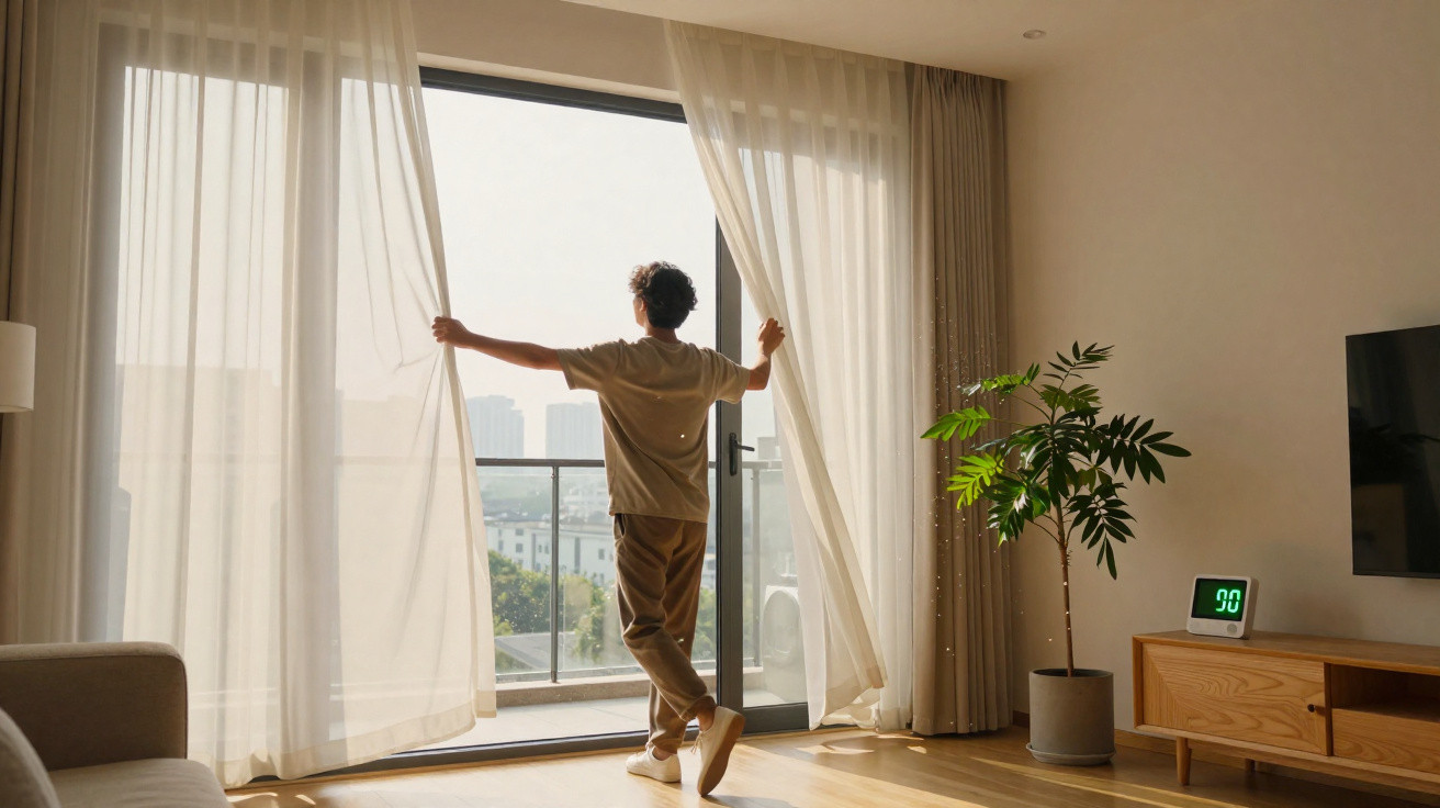Pessoa a abrir cortinas num apartamento iluminado com vista para edifícios urbanos.