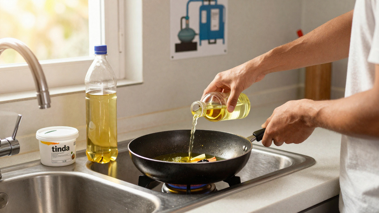 Pessoa a cozinhar numa frigideira com legumes na pia de uma cozinha iluminada por uma janela.