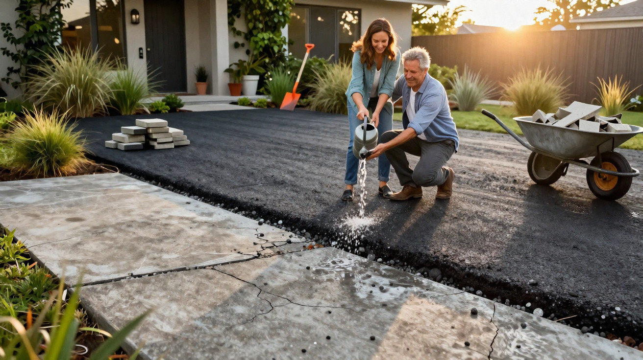 Casal adulto a regar novo pavimento de alcatrão num jardim exterior residencial.
