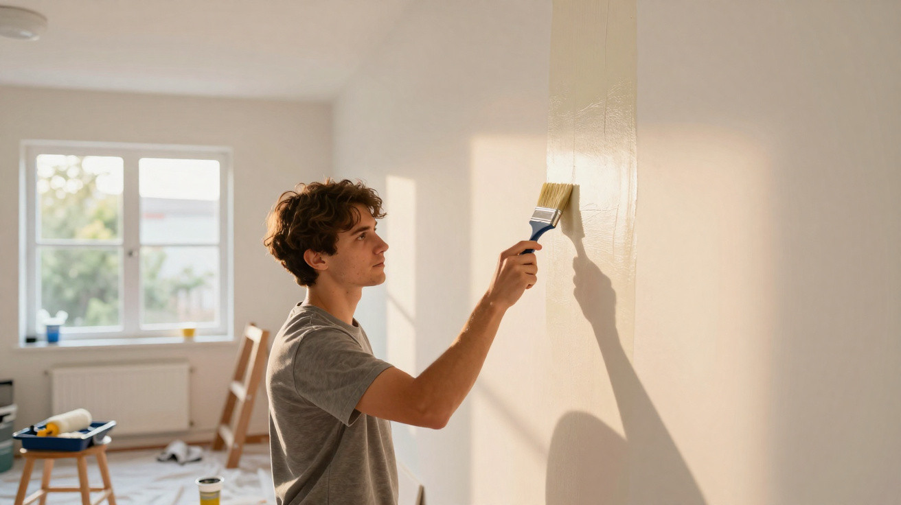 Pessoa a pintar uma parede interior de branco com pincel, numa divisão iluminada por janela.