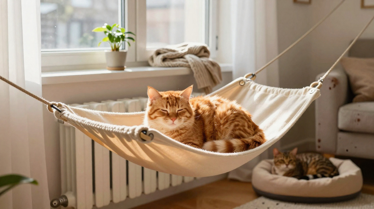 Gato laranja a descansar numa rede junto a uma janela, com outro gato no chão dentro de uma cama.