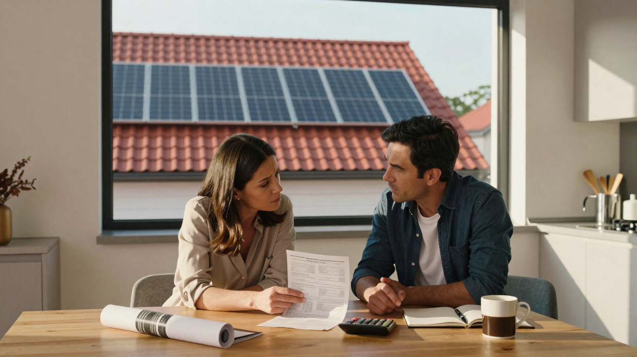 Casal sentado à mesa, a discutir documentos, com painéis solares visíveis pela janela do telhado.