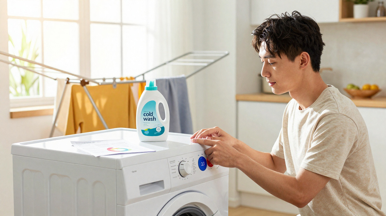 Jovem a ajustar a máquina de lavar roupa numa cozinha clara com detergente e roupa a secar ao fundo.