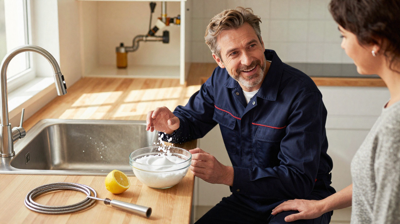 Homem a misturar líquido branco numa taça enquanto conversa com mulher numa cozinha moderna.