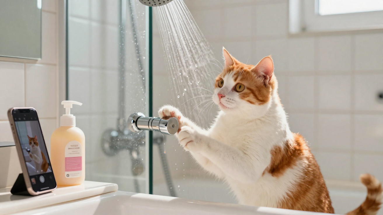 Gato com pelo branco e laranja a brincar com a água que sai do chuveiro numa casa de banho iluminada.