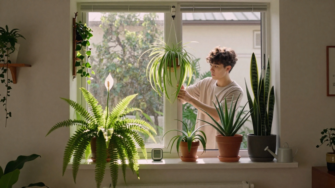 Pessoa a regar plantas variadas junto a janela luminosa com vegetação exterior desfocada.