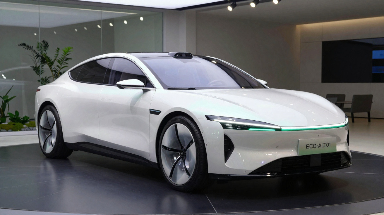 Carro elétrico branco Eco-ALTO1 exposto num salão moderno com iluminação ambiente.