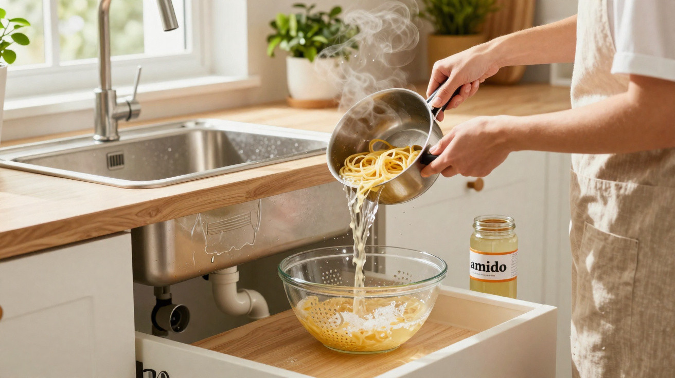 Pessoa a escorrer esparguete quente para uma taça de vidro numa cozinha iluminada natural.