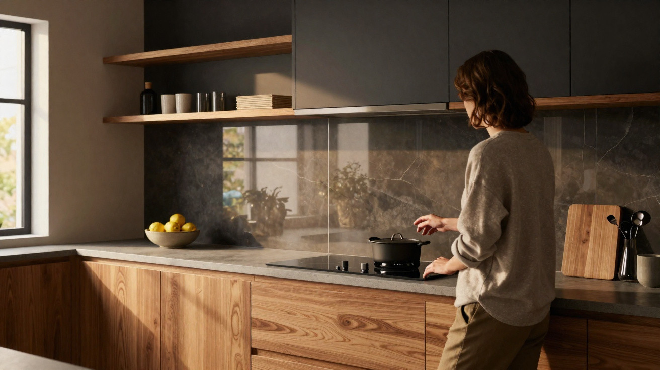 Pessoa com cabelo encaracolado a cozinhar numa cozinha moderna com armários de madeira e bancada cinza.