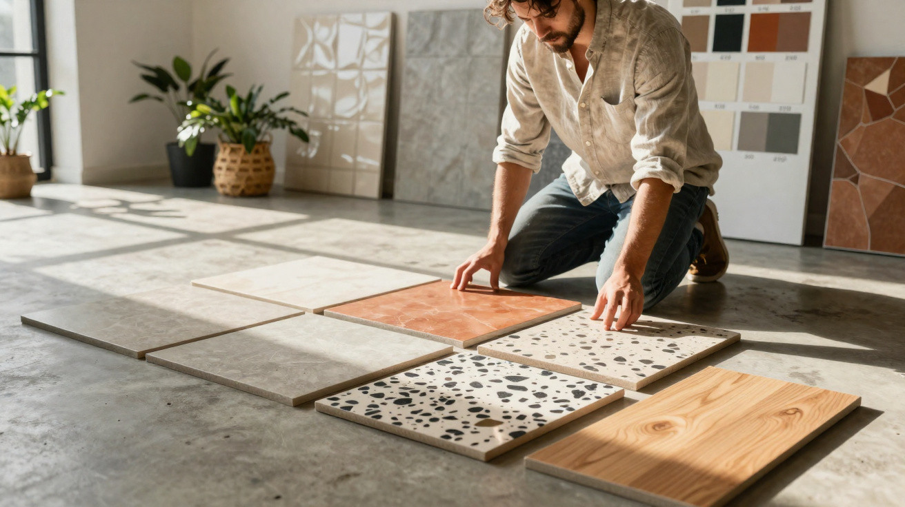 Pessoa a escolher entre diferentes amostras de azulejos de vários materiais e texturas no chão.