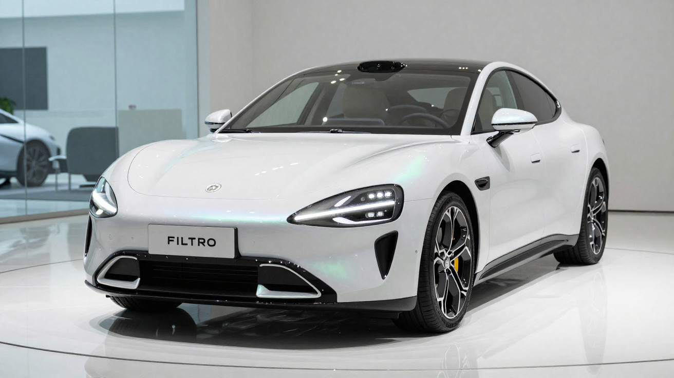 Carro elétrico branco moderno em exposição num espaço interior com iluminação suave.