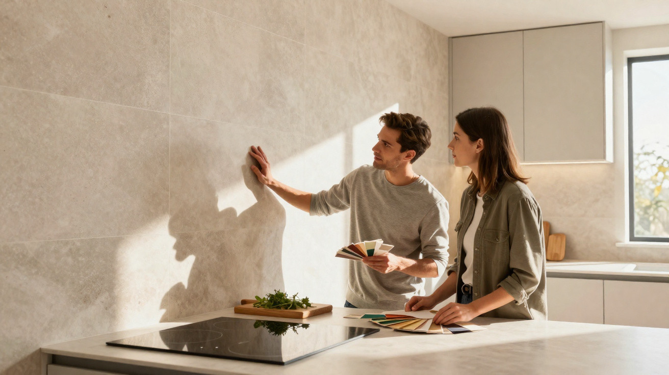 Casal jovem a analisar acabamento da parede numa cozinha moderna com móveis em madeira clara.