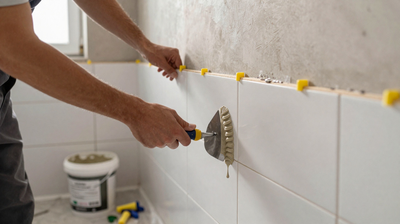 Instalação de azulejos brancos numa parede com argamassa sendo aplicada com uma espátula.