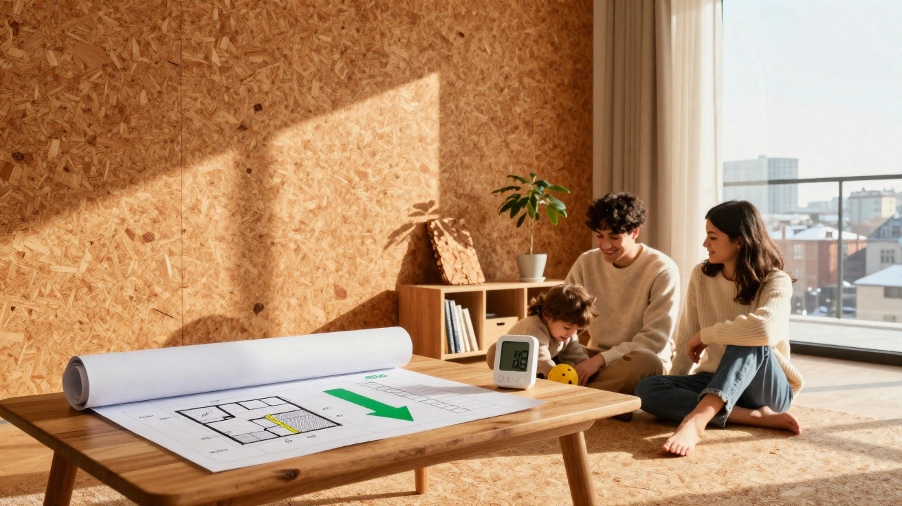 Família sentada no chão junto a uma mesa baixa com plantas e plantas numa sala iluminada por luz natural.
