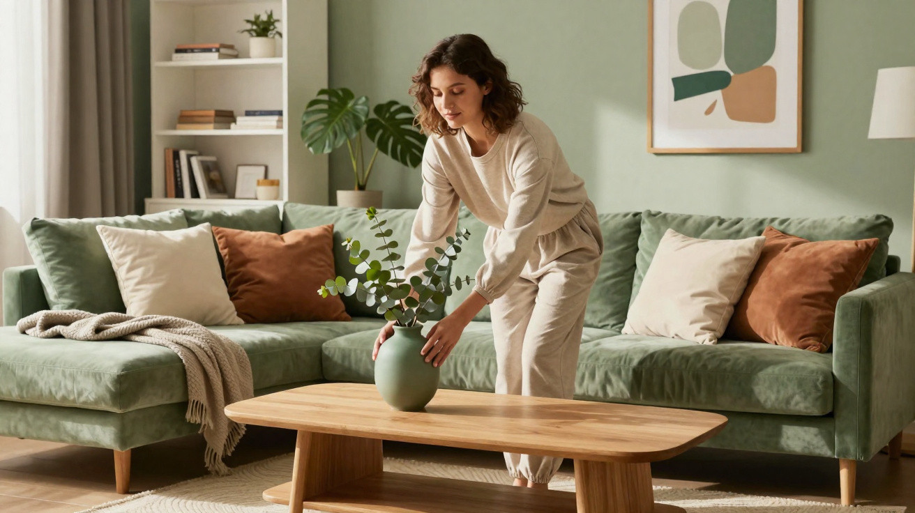 Mulher a colocar vaso com plantas numa mesa de madeira numa sala com sofá verde e decoração minimalista.
