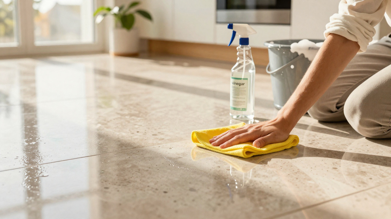 Pessoa a limpar o chão de uma casa com um pano amarelo, balde cinza e spray de limpeza.