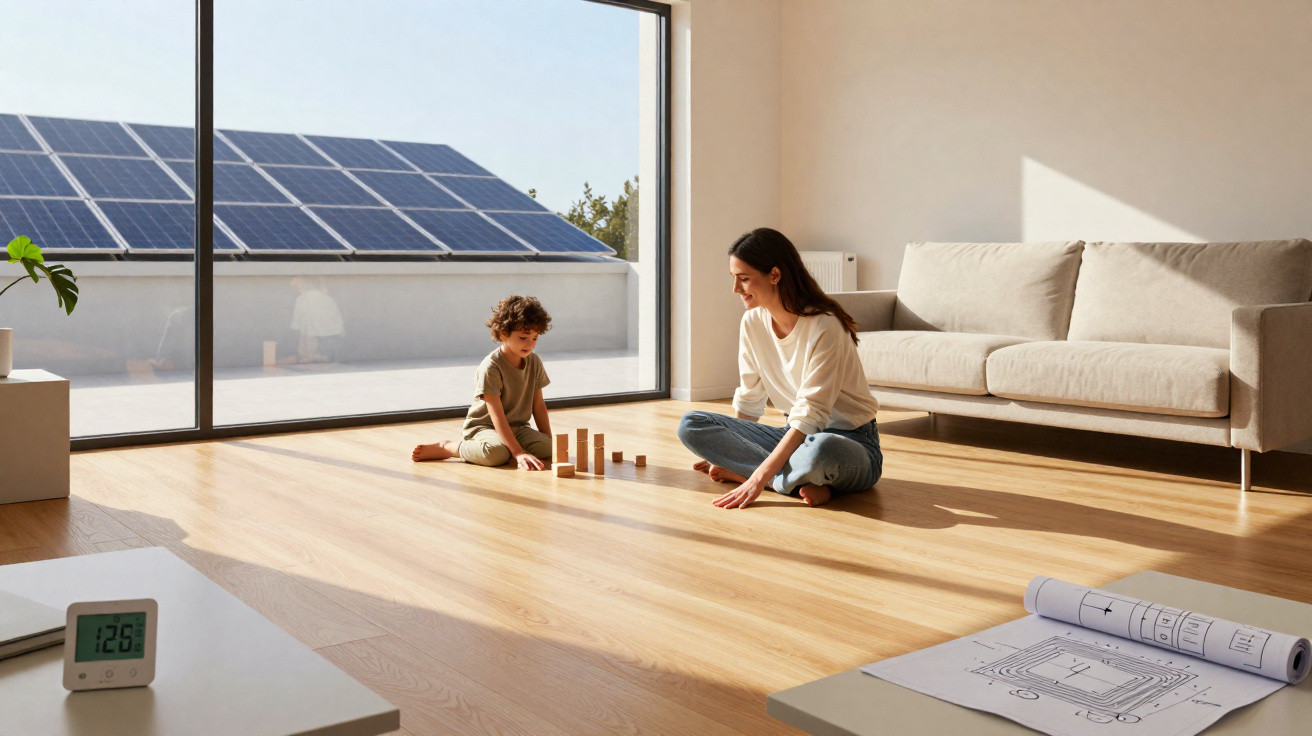 Mulher e criança a brincar com blocos de madeira numa sala com chão de madeira e painéis solares na varanda.