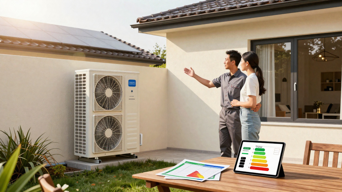 Técnico explica funcionamento de bomba de calor a casal, com equipamentos e gráficos de eficiência energética.
