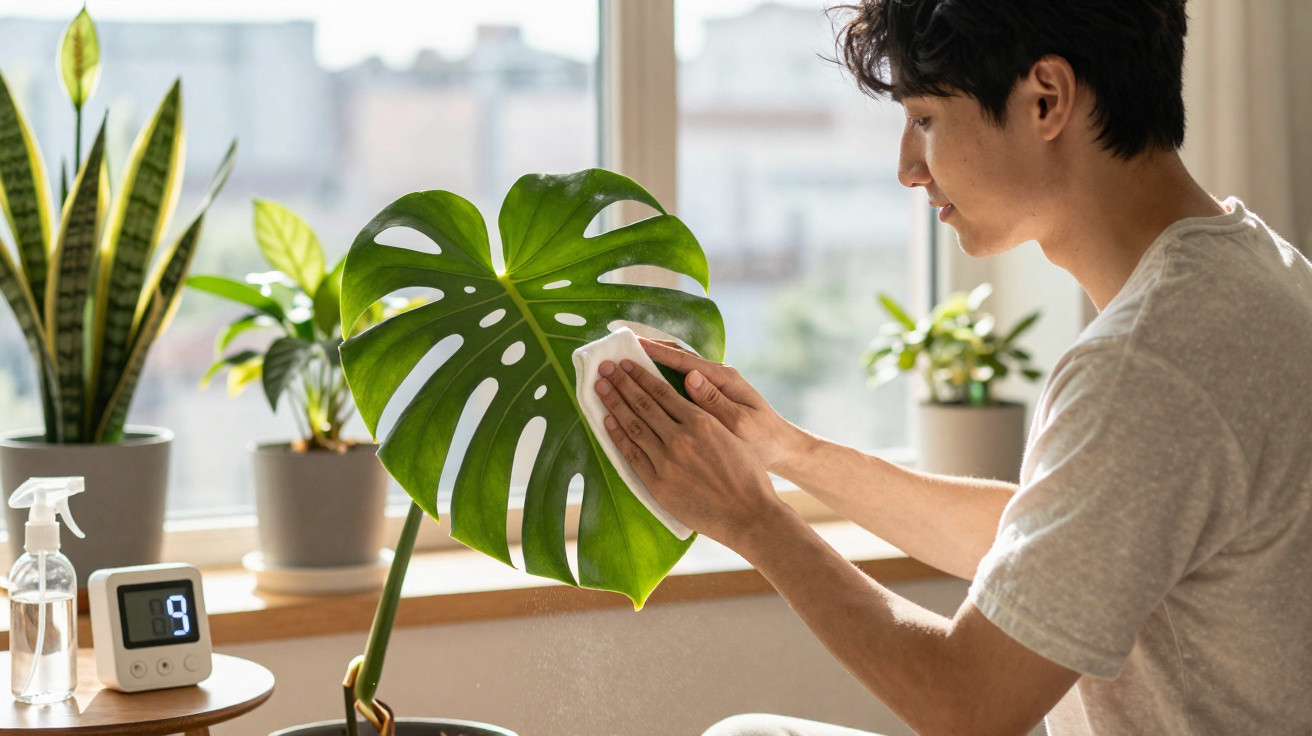 Homem regando e cuidando de planta monstera dentro de casa, perto de janela ensolarada.