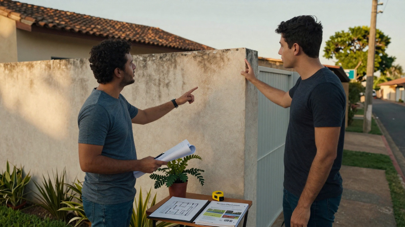 Dois homens discutem projeto junto a uma parede externa, com plantas ao redor e documentos sobre uma mesa pequena.