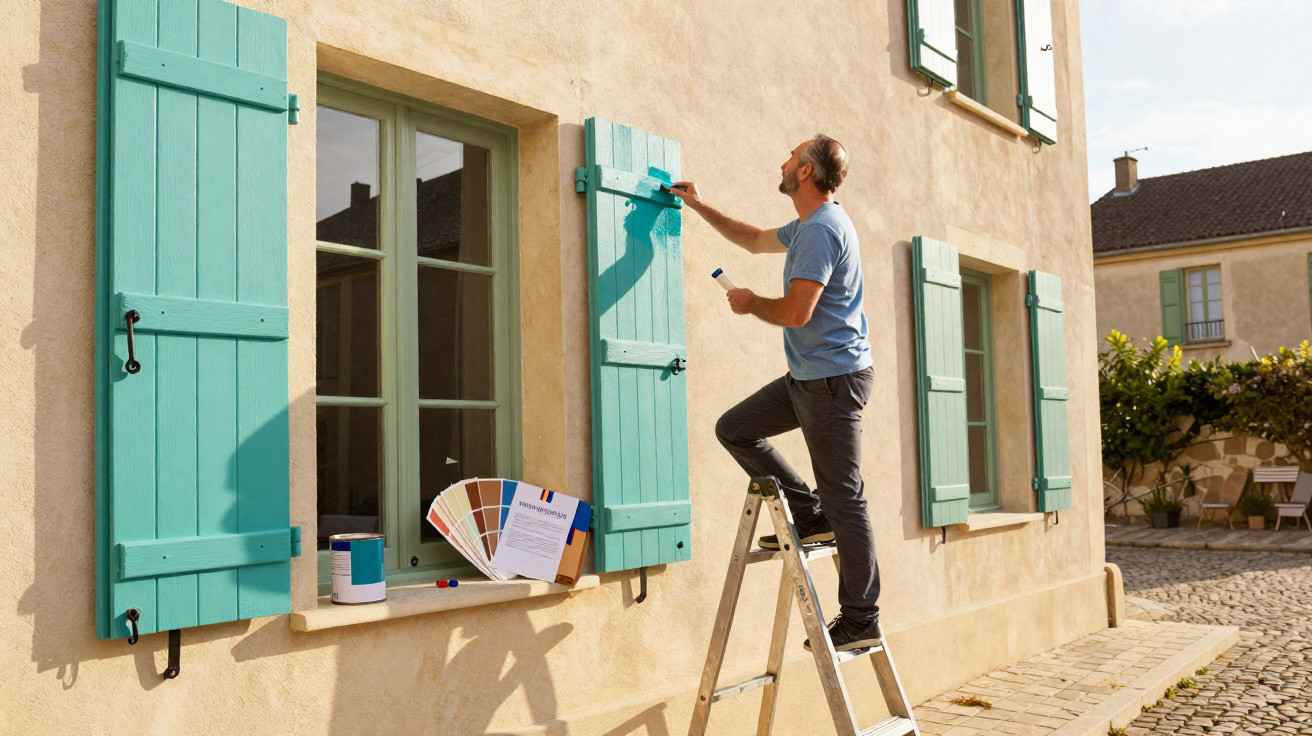 Homem numa escada a pintar de azul uma janela com persianas verdes numa casa clara.