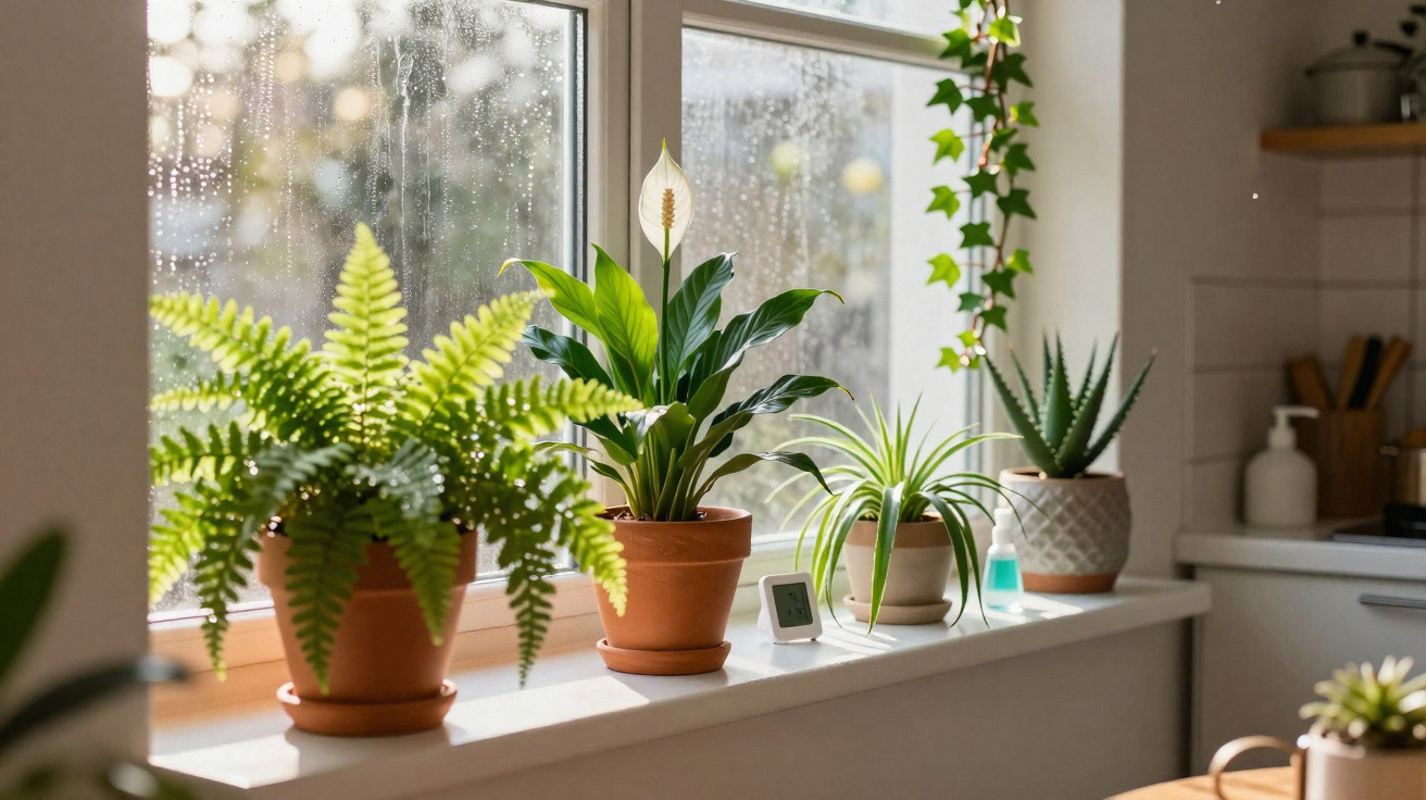 Conjunto de cinco plantas em vasos sobre uma janela com vidros molhados pela chuva numa cozinha luminosa.