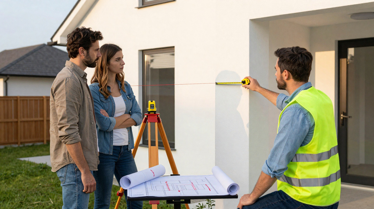 Homem com colete refletor mede parede com fita métrica enquanto duas mulheres observam plantas de construção.