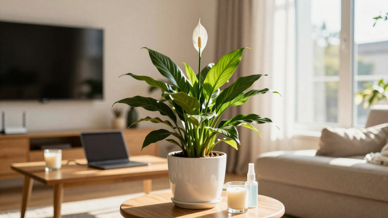 Planta verde com flor branca num vaso branco sobre mesa de madeira numa sala com sofá e computador portátil.