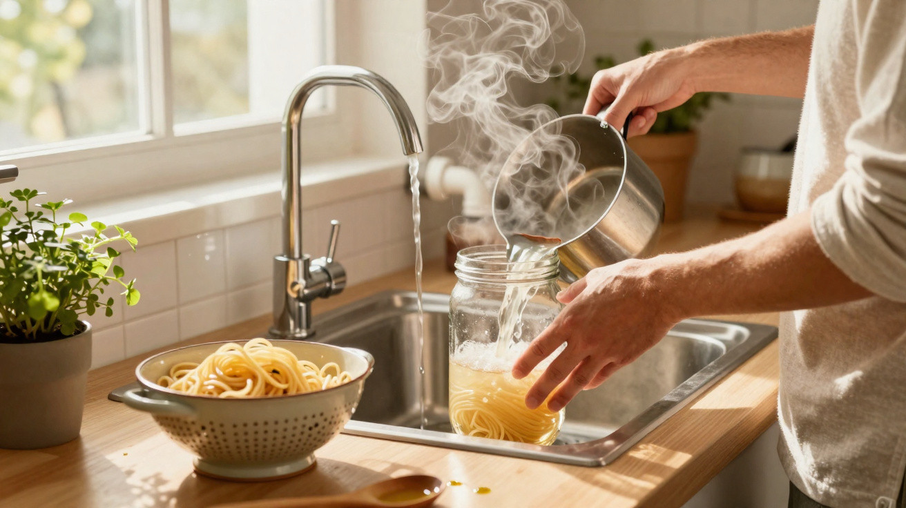 Pessoa a escorrer esparguete numa jarra de vidro numa cozinha com luz natural.