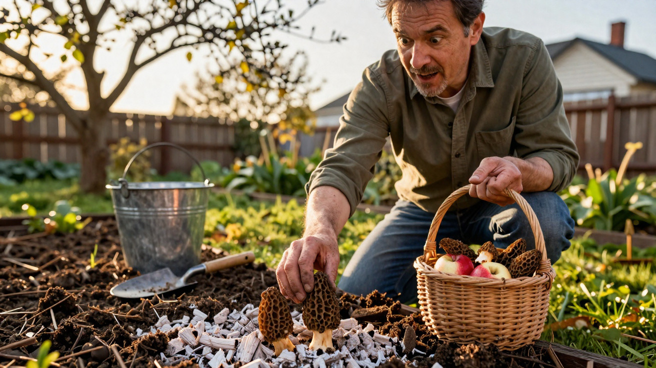 Homem apanha cogumelos num jardim, segurando uma cesta com maçãs e nozes, rodeado de plantas.