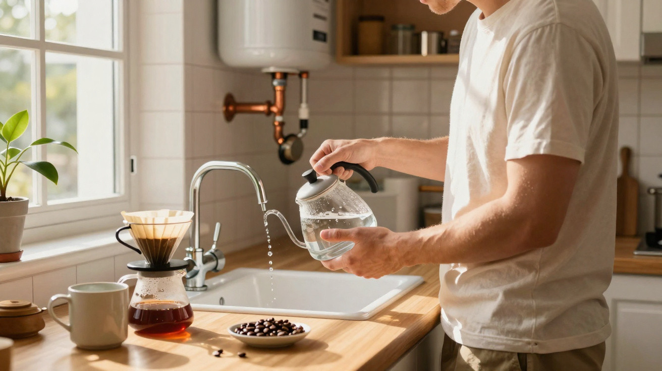 Pessoa a preparar café na cozinha moderna com filtro de chá e jarro transparente na bancada de madeira.