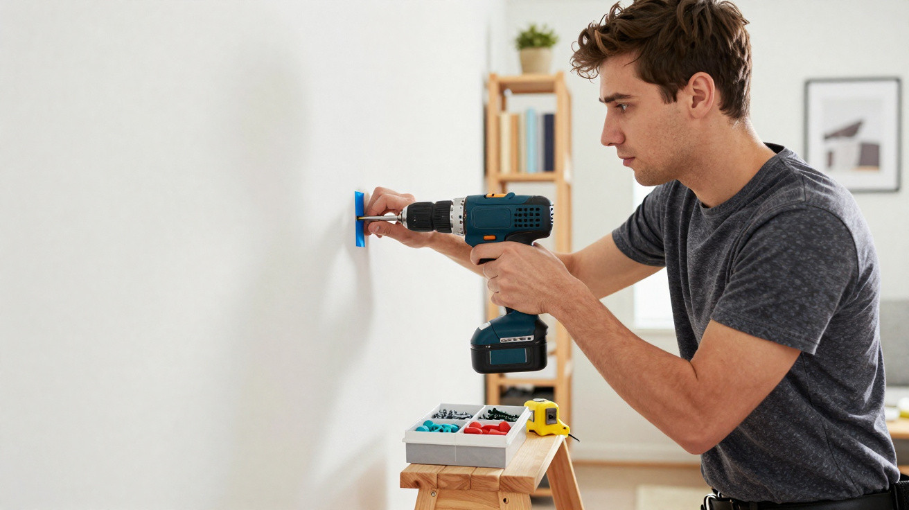 Homem a usar uma furadeira sem fios para fixar um objeto na parede branca, com fita azul a proteger.