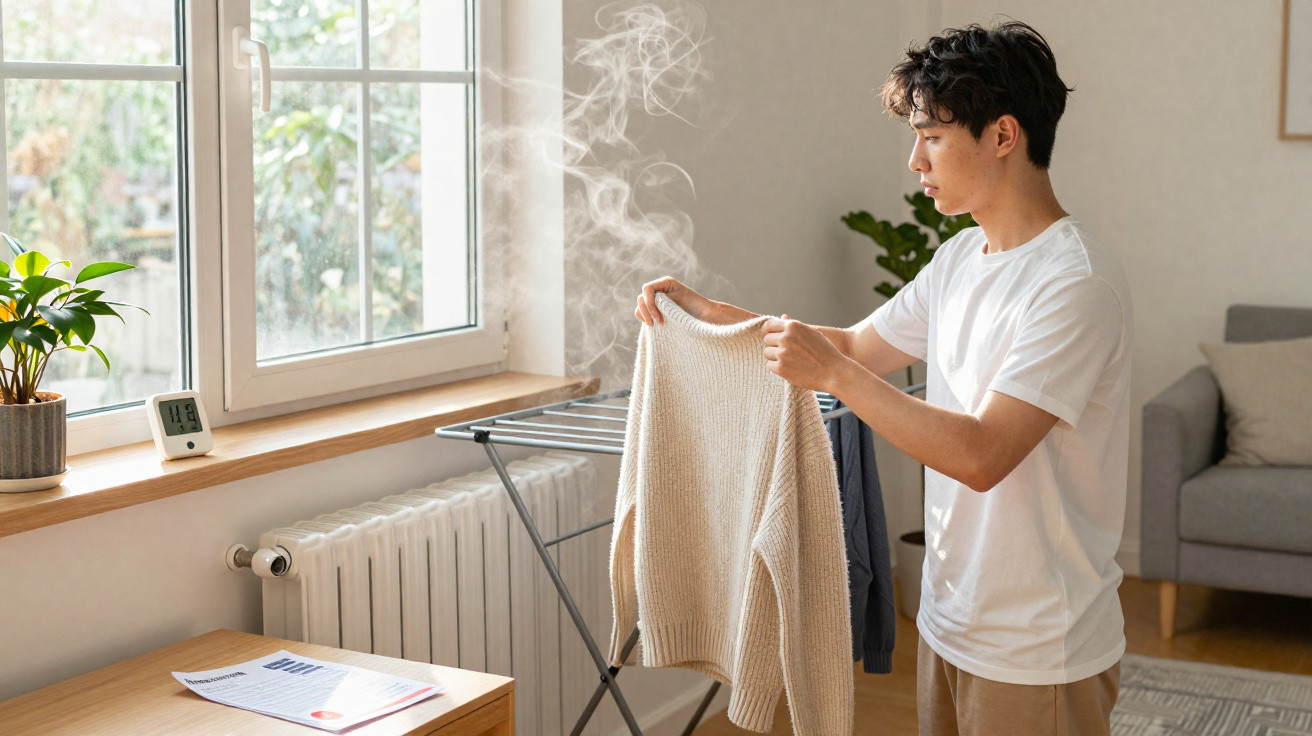 Jovem a tirar roupa quente a vapor de estendal dentro de casa, perto de janela com luz natural.