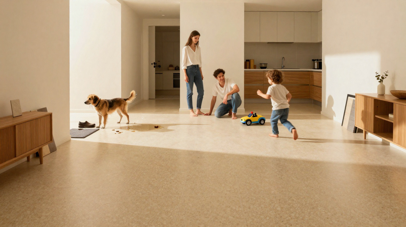 Família com criança a brincar com carro amarelo no chão da sala, cachorro observa ao lado.