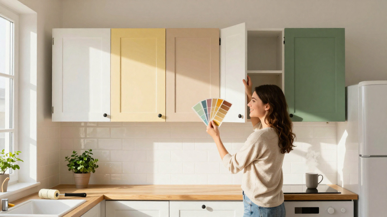 Mulher a escolher cor para pintar armários de cozinha modernos e coloridos numa casa iluminada.