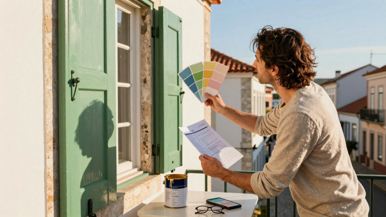 Homem a escolher cores de tinta para pintar fachada de casa antiga, segurando esquema de cores e planta.
