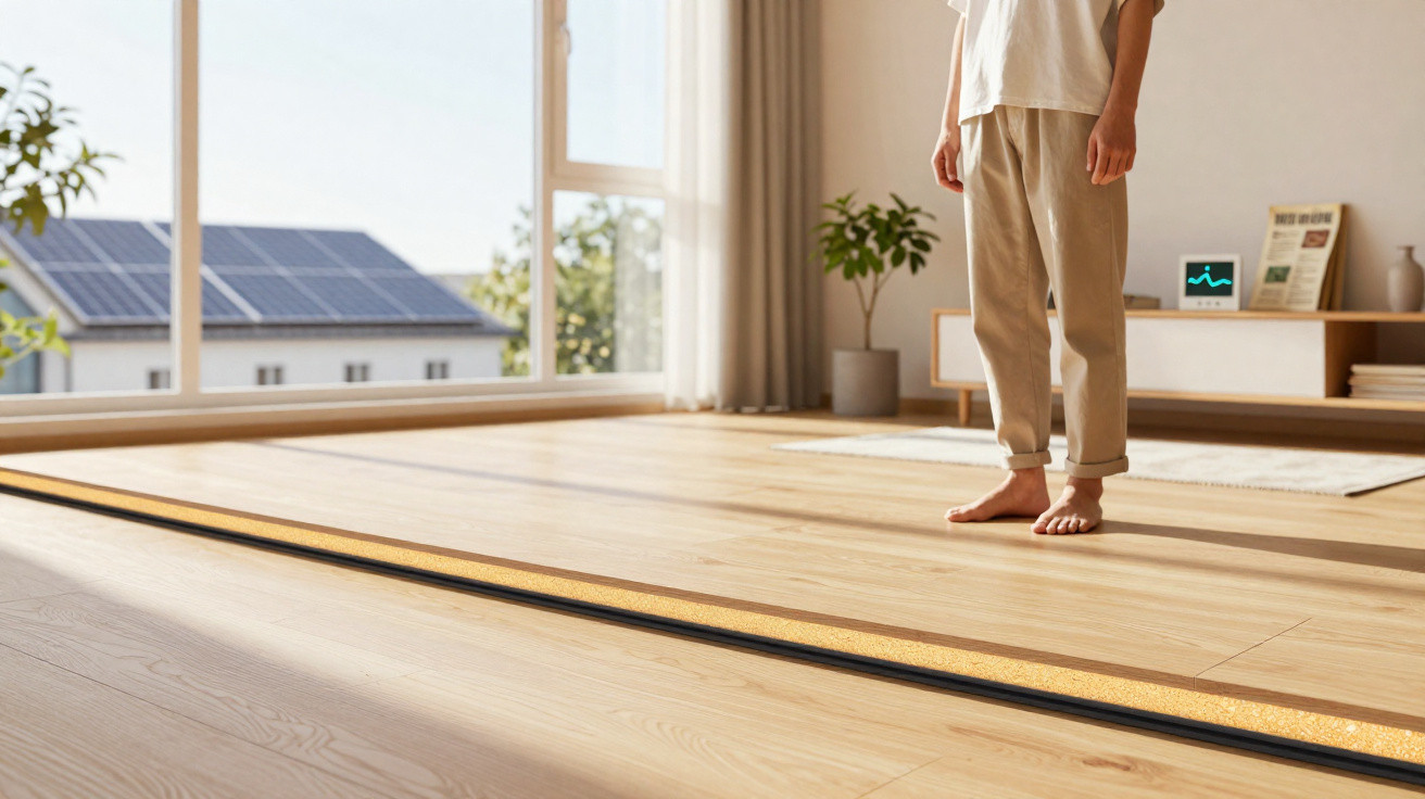 Pessoa descalça em sala com chão de madeira claro e luz solar a entrar por janela grande.